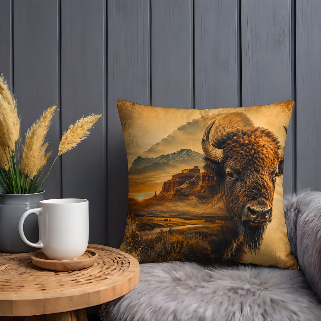 Bison Sunset Canyon Pillow Cover | Wildlife Landscape Art | Gold Crackle Decor