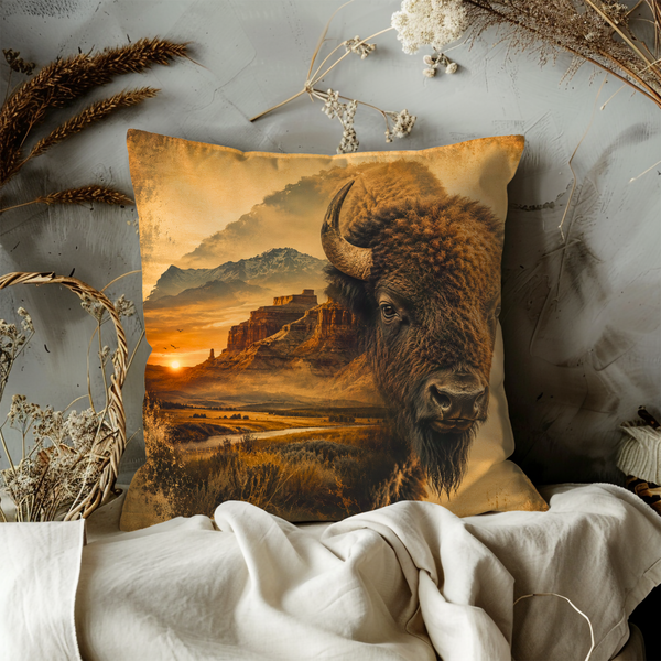 Bison Sunset Canyon Pillow Cover – Wildlife Landscape Art | Gold Crackle Decor
