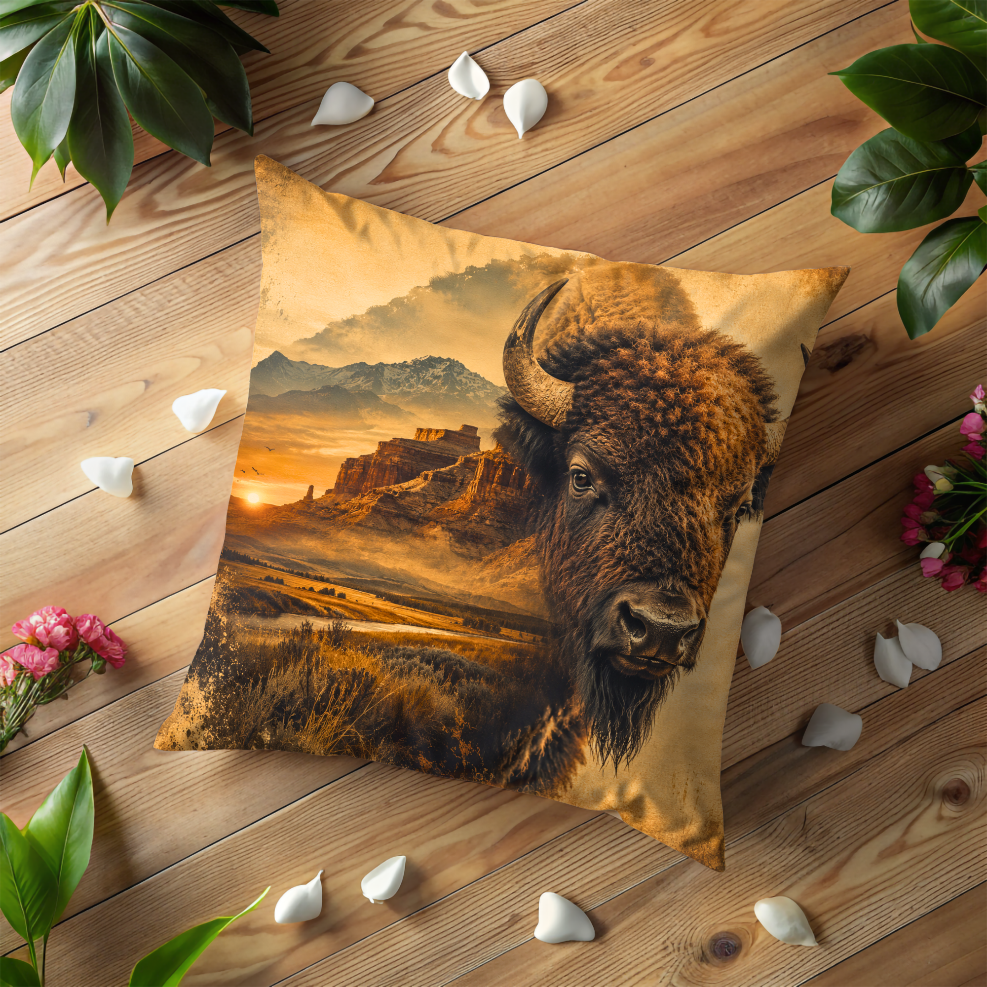 Bison Sunset Canyon Pillow Cover | Wildlife Landscape Art | Gold Crackle Decor