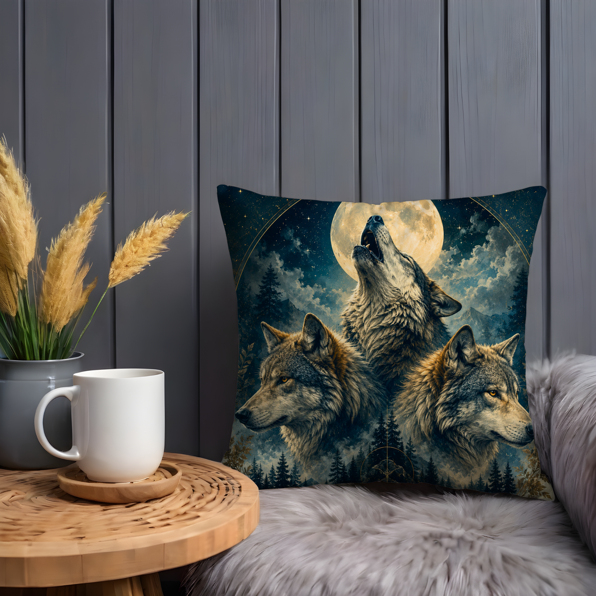 Howling Wolves Moon Pillow Cover | Wildlife Mystic Art | Gold Crackle Decor