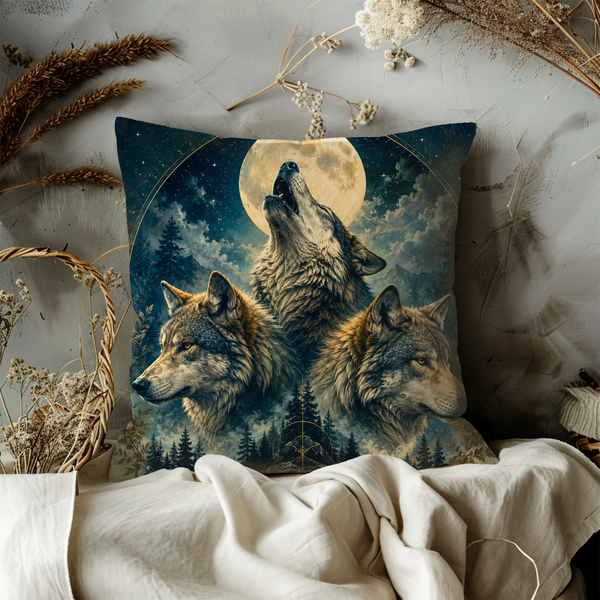Howling Wolves Moon Pillow Cover – Wildlife Mystic Art | Gold Crackle Decor