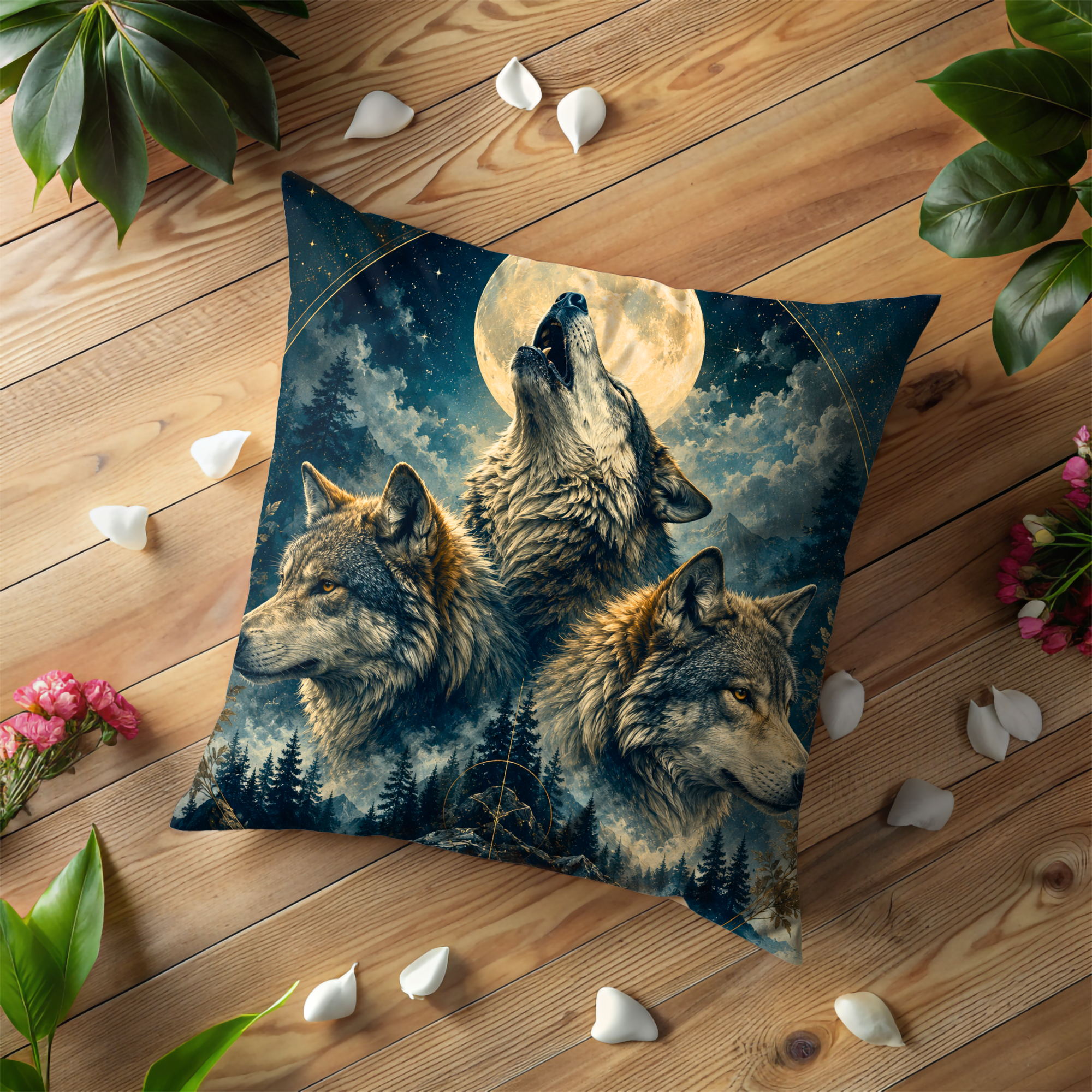 Howling Wolves Moon Pillow Cover | Wildlife Mystic Art | Gold Crackle Decor