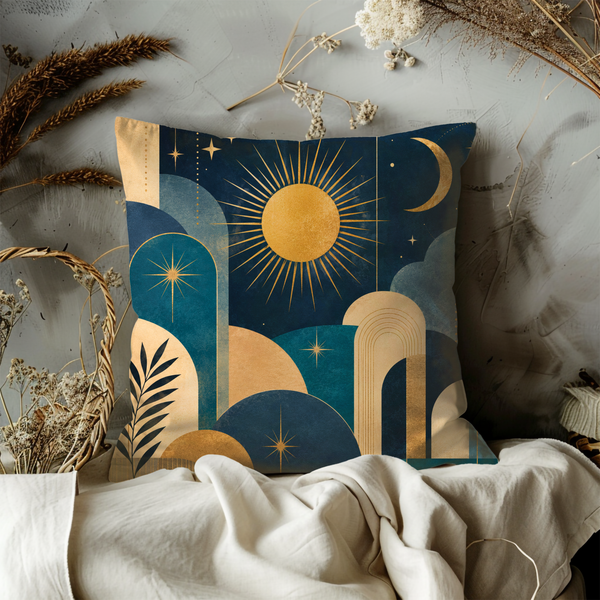 Celestial Sun Moon Pillow Cover – Geometric Boho Art | Gold Crackle Decor