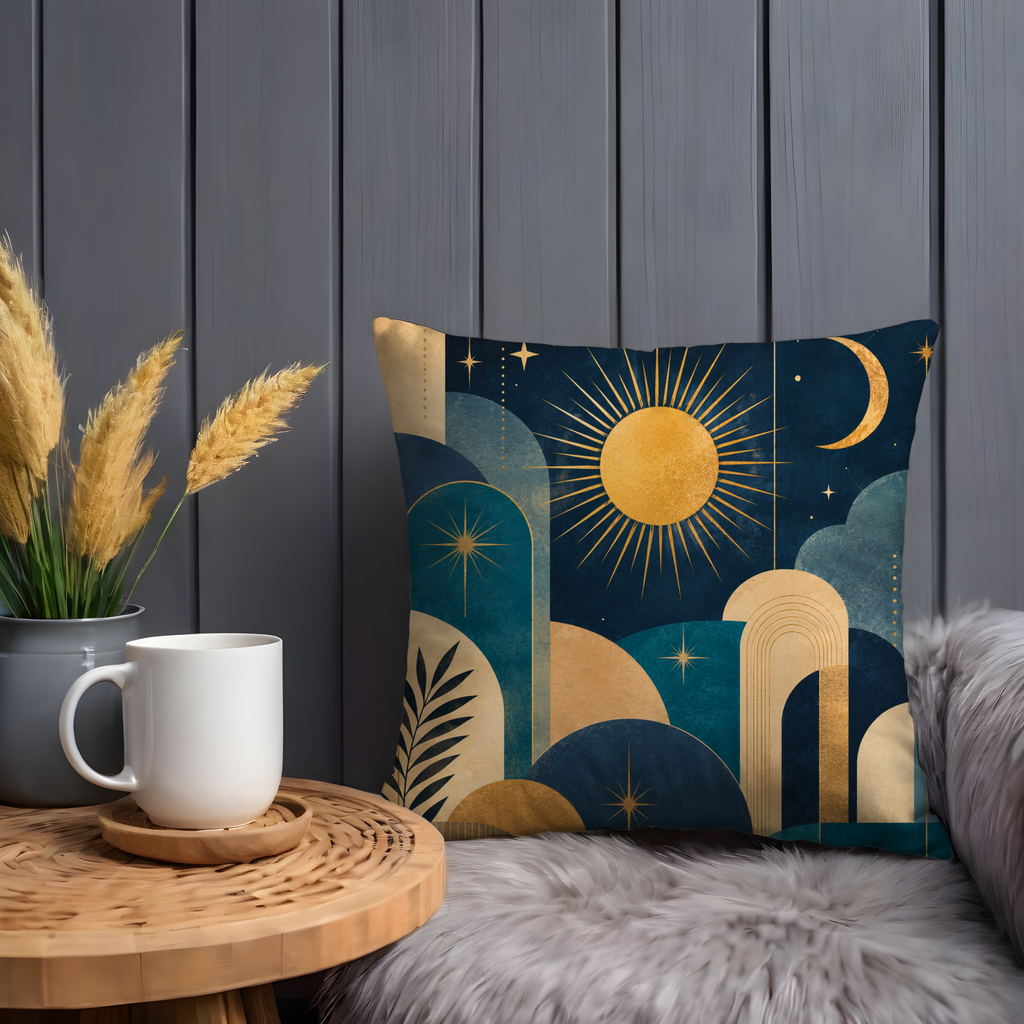 Celestial Sun Moon Pillow Cover | Geometric Boho Art | Gold Crackle Decor