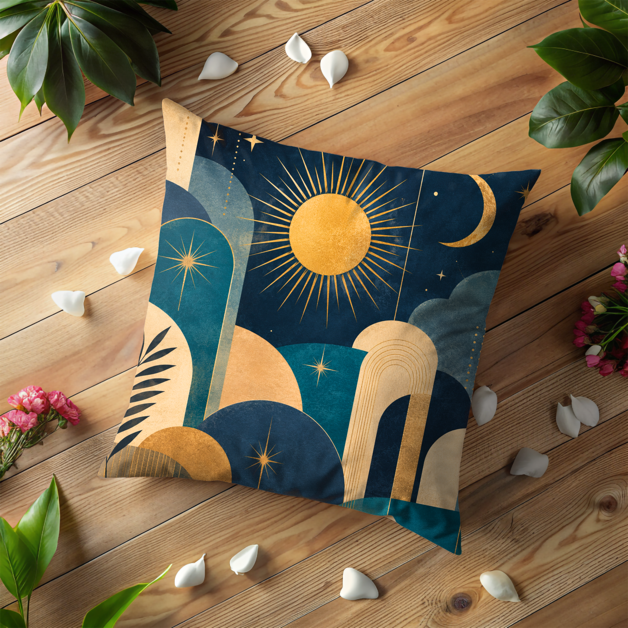Celestial Sun Moon Pillow Cover | Geometric Boho Art | Gold Crackle Decor