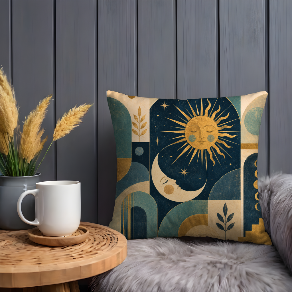 Celestial Sun Moon Pillow Cover | Geometric Boho Art | Gold Crackle Decor