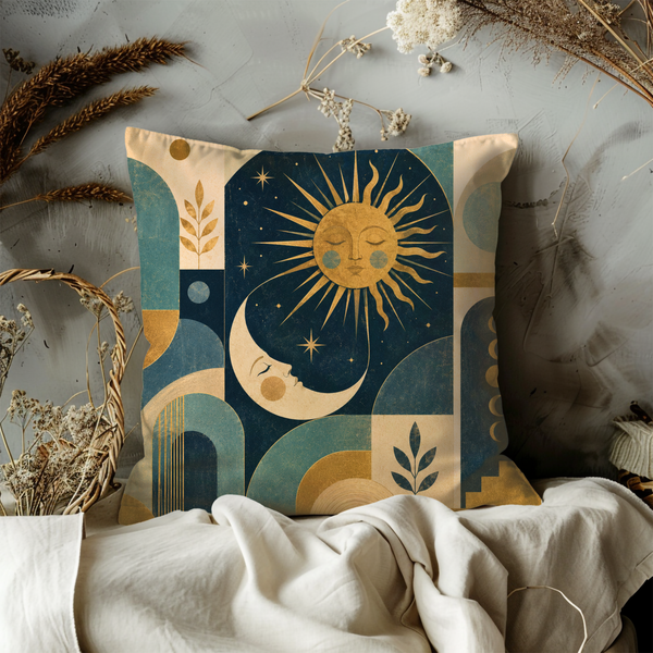 Celestial Sun Moon Pillow Cover – Geometric Boho Art | Gold Crackle Decor