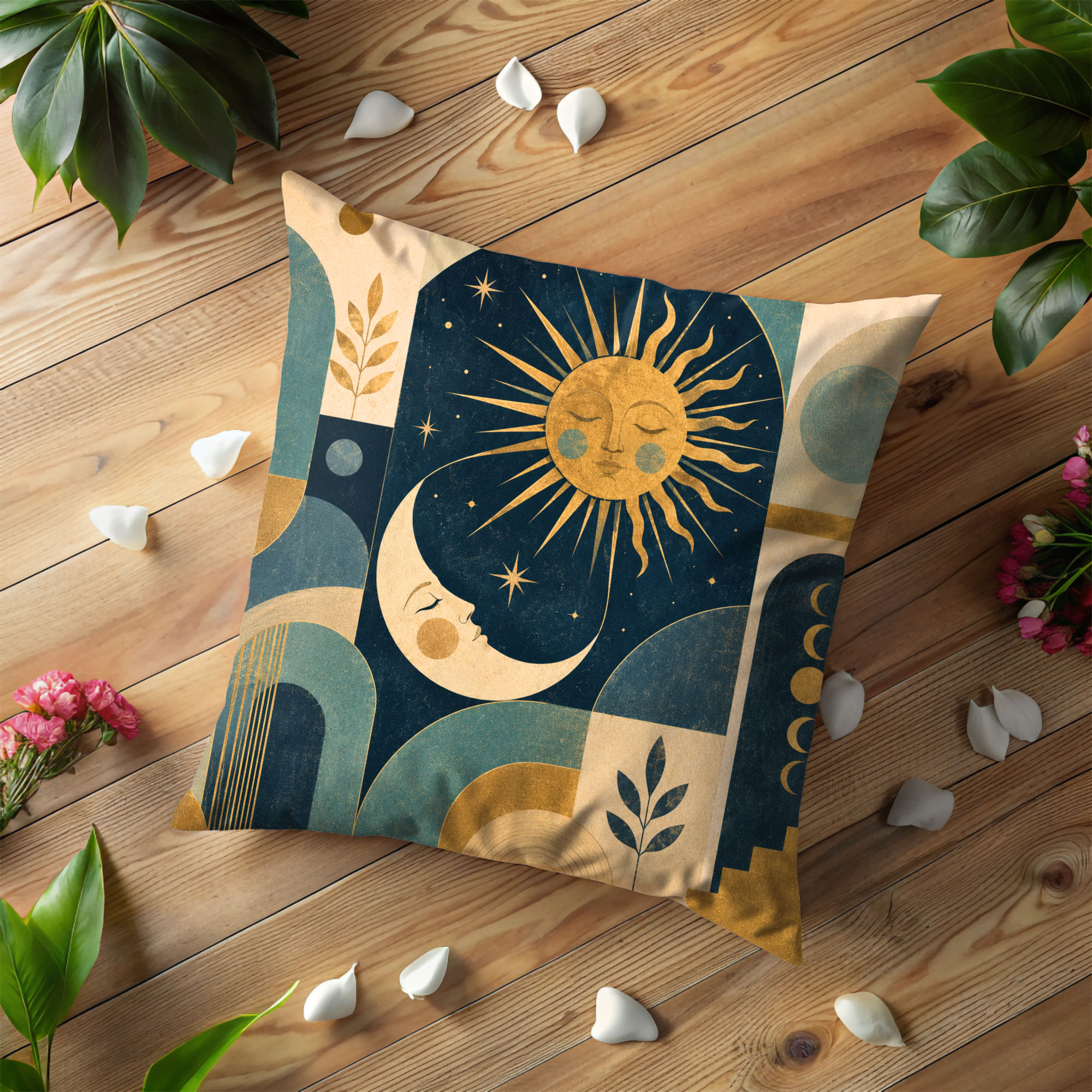 Celestial Sun Moon Pillow Cover | Geometric Boho Art | Gold Crackle Decor