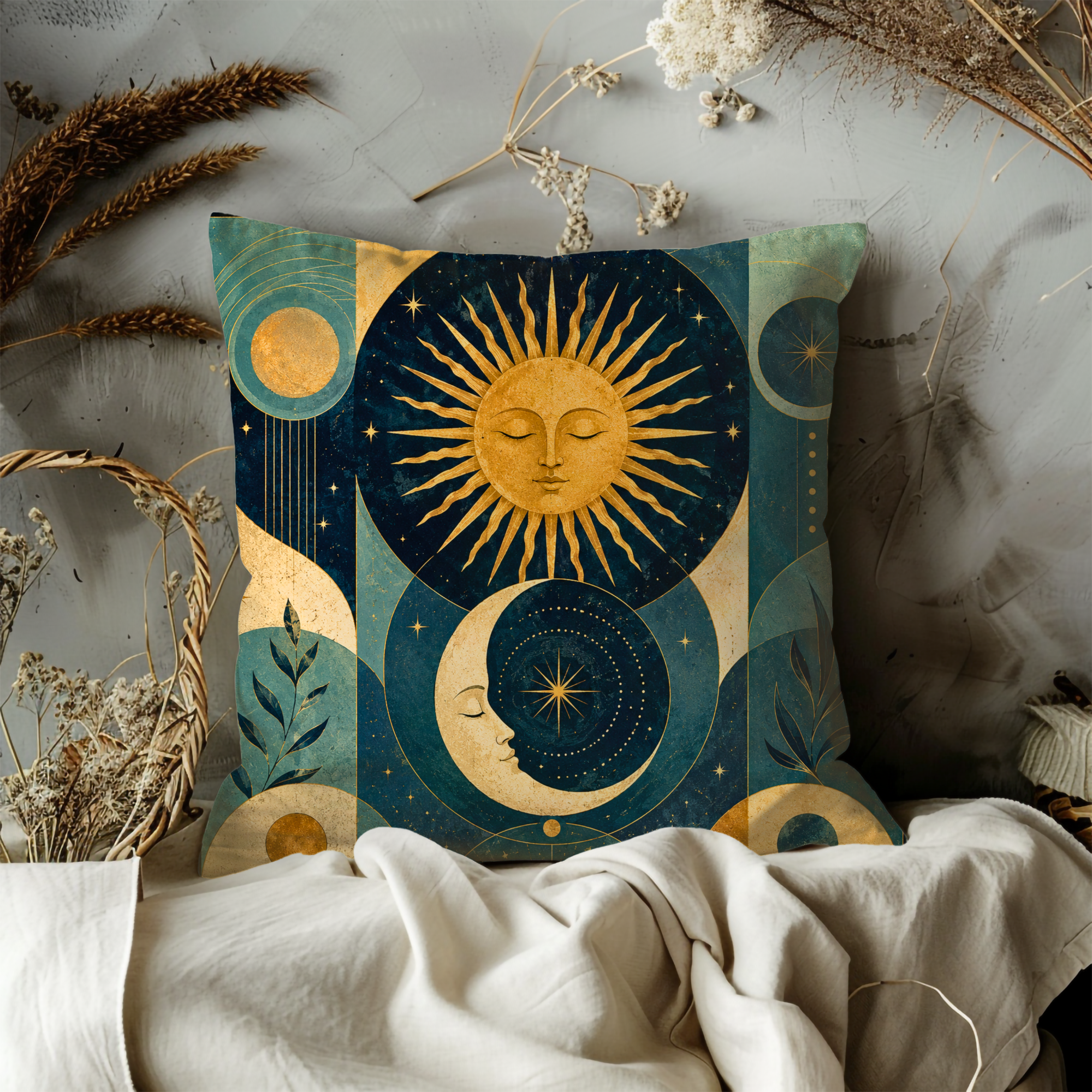 Celestial Sun Moon Pillow Cover | Geometric Boho Art | Gold Crackle Decor