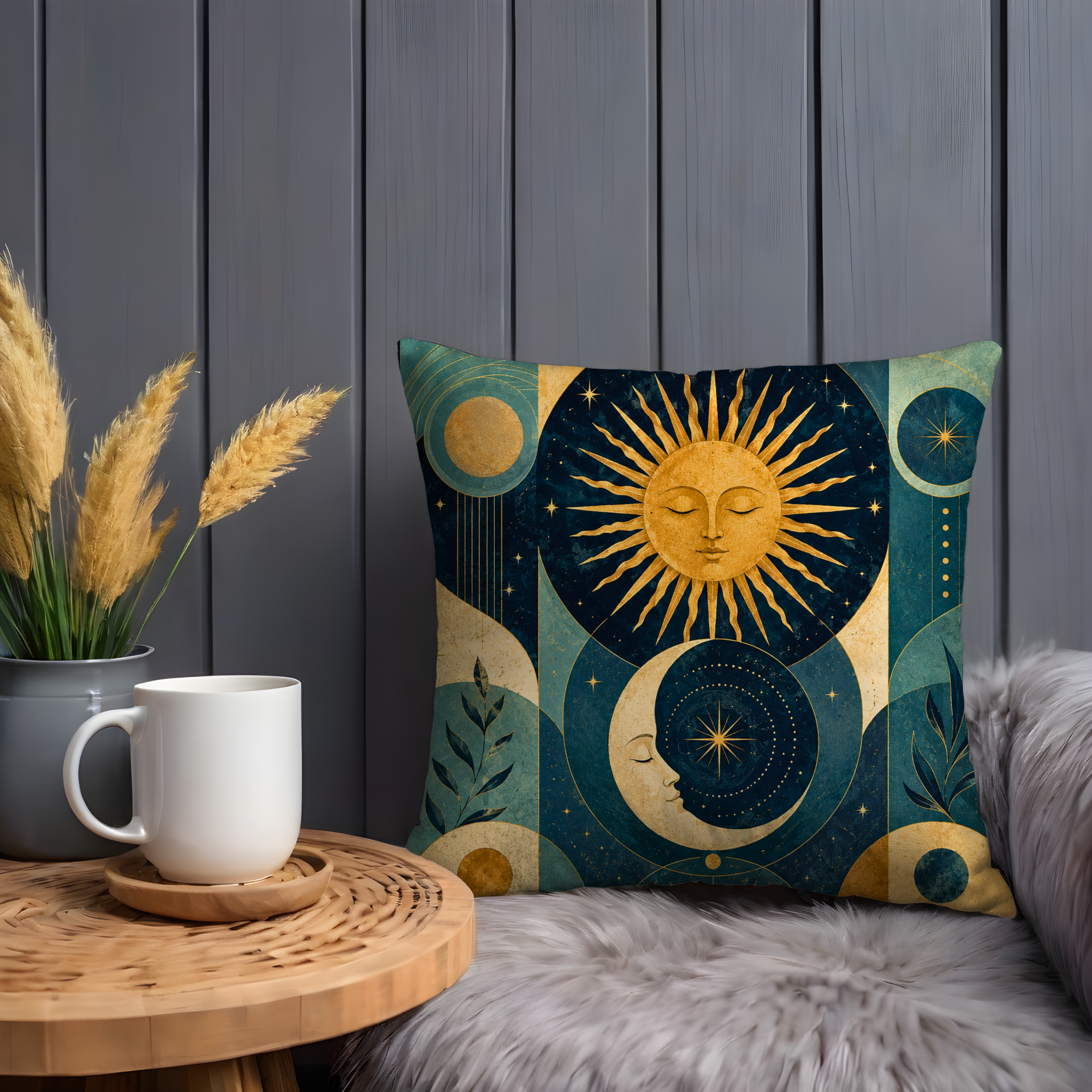 Celestial Sun Moon Pillow Cover | Geometric Boho Art | Gold Crackle Decor