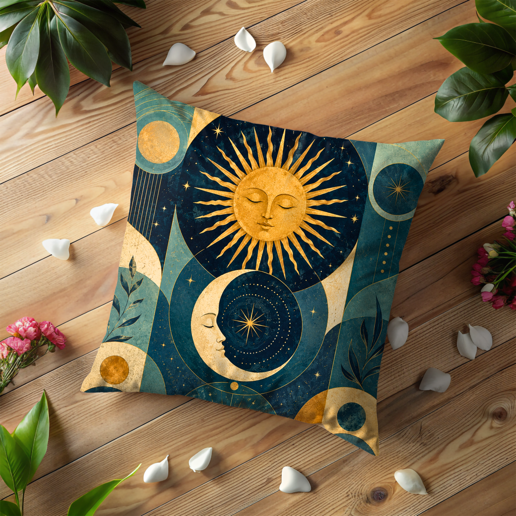 Celestial Sun Moon Pillow Cover | Geometric Boho Art | Gold Crackle Decor