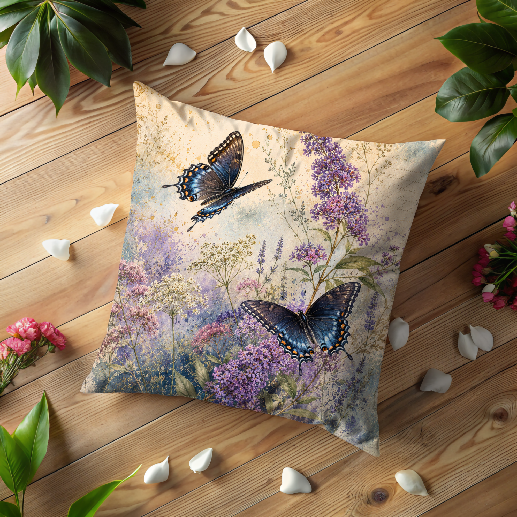 Blue Butterfly Meadow Pillow Cover | Wildflower Nature Art | Gold Crackle Decor