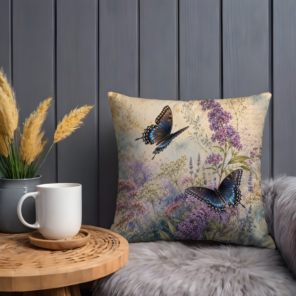 Blue Butterfly Meadow Pillow Cover | Wildflower Nature Art | Gold Crackle Decor