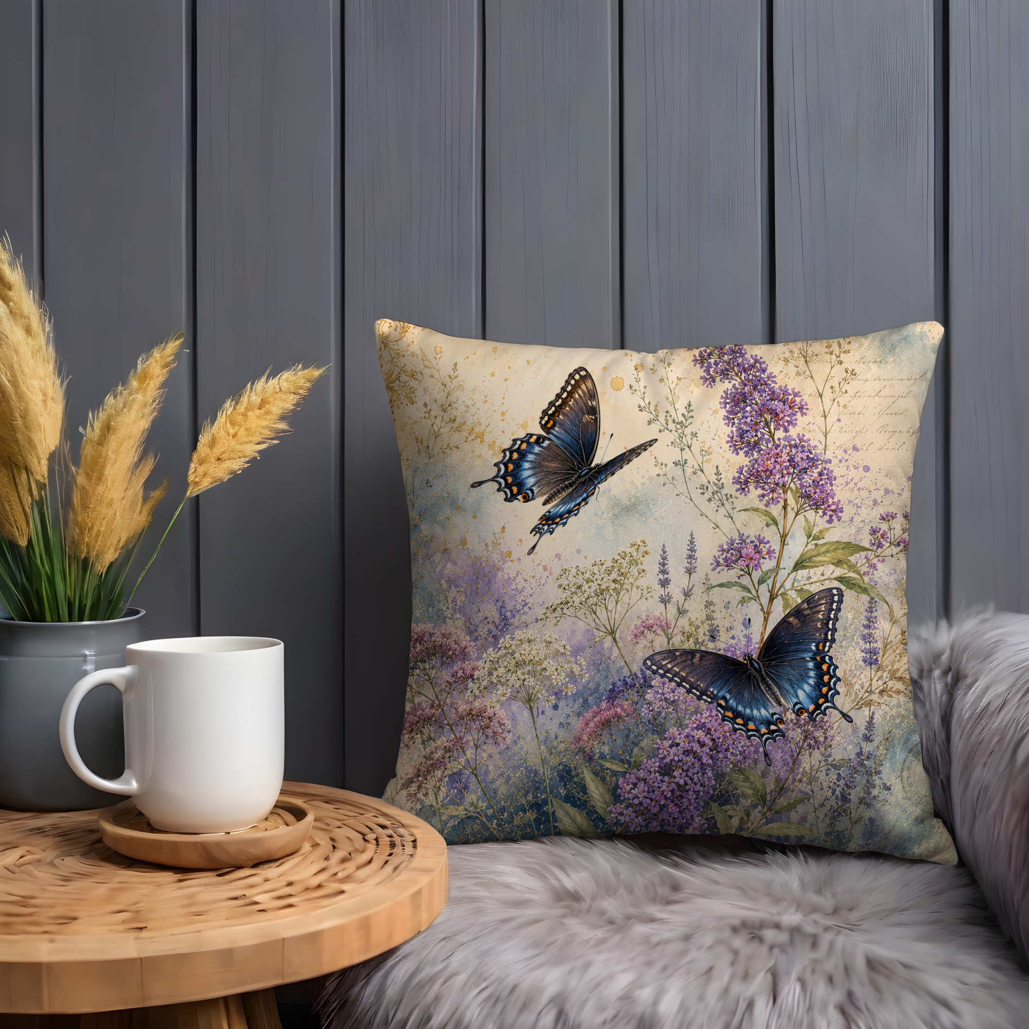 Blue Butterfly Meadow Pillow Cover | Wildflower Nature Art | Gold Crackle Decor