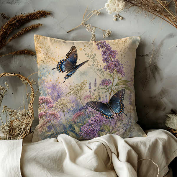 Blue Butterfly Meadow Pillow Cover – Wildflower Nature Art | Gold Crackle Decor