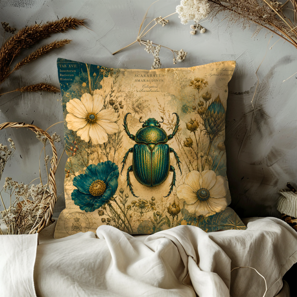 Scarab Beetle Flower Pillow Cover – Vintage Botanical Art | Gold Crackle Decor