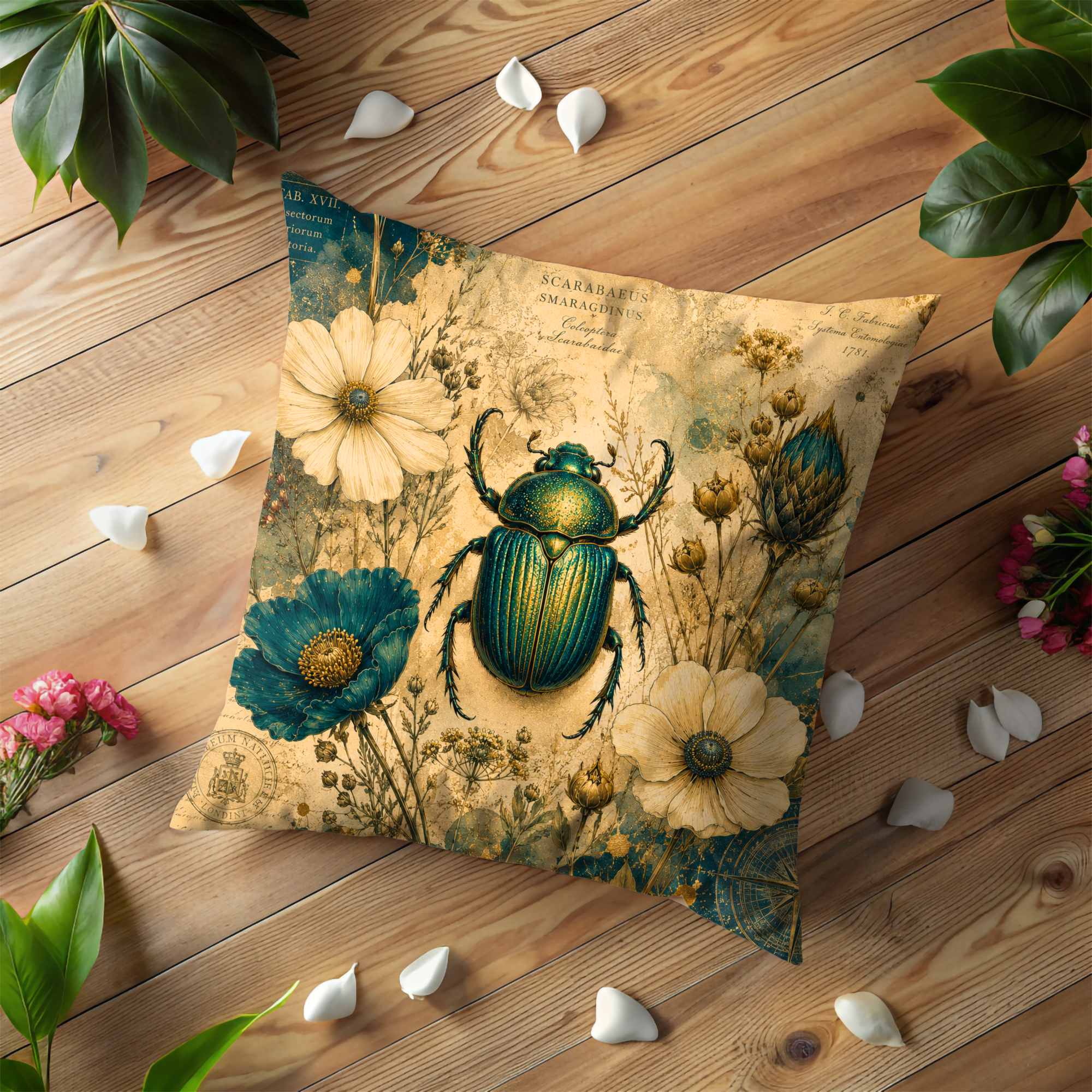 Scarab Beetle Flower Pillow Cover | Vintage Botanical Art | Gold Crackle Decor