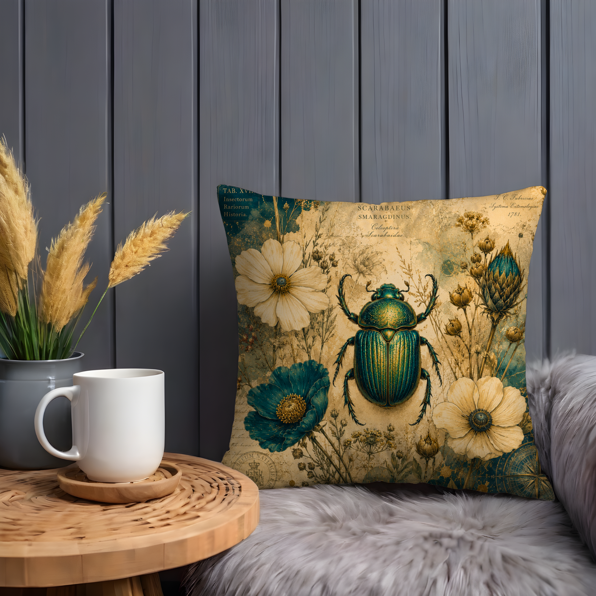 Scarab Beetle Flower Pillow Cover | Vintage Botanical Art | Gold Crackle Decor