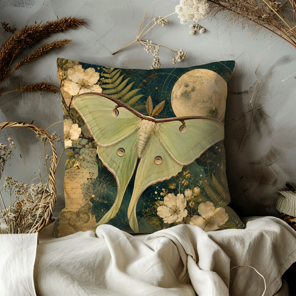 Luna Moth Moon Pillow Cover – Mystic Nature Art | Gold Crackle Decor
