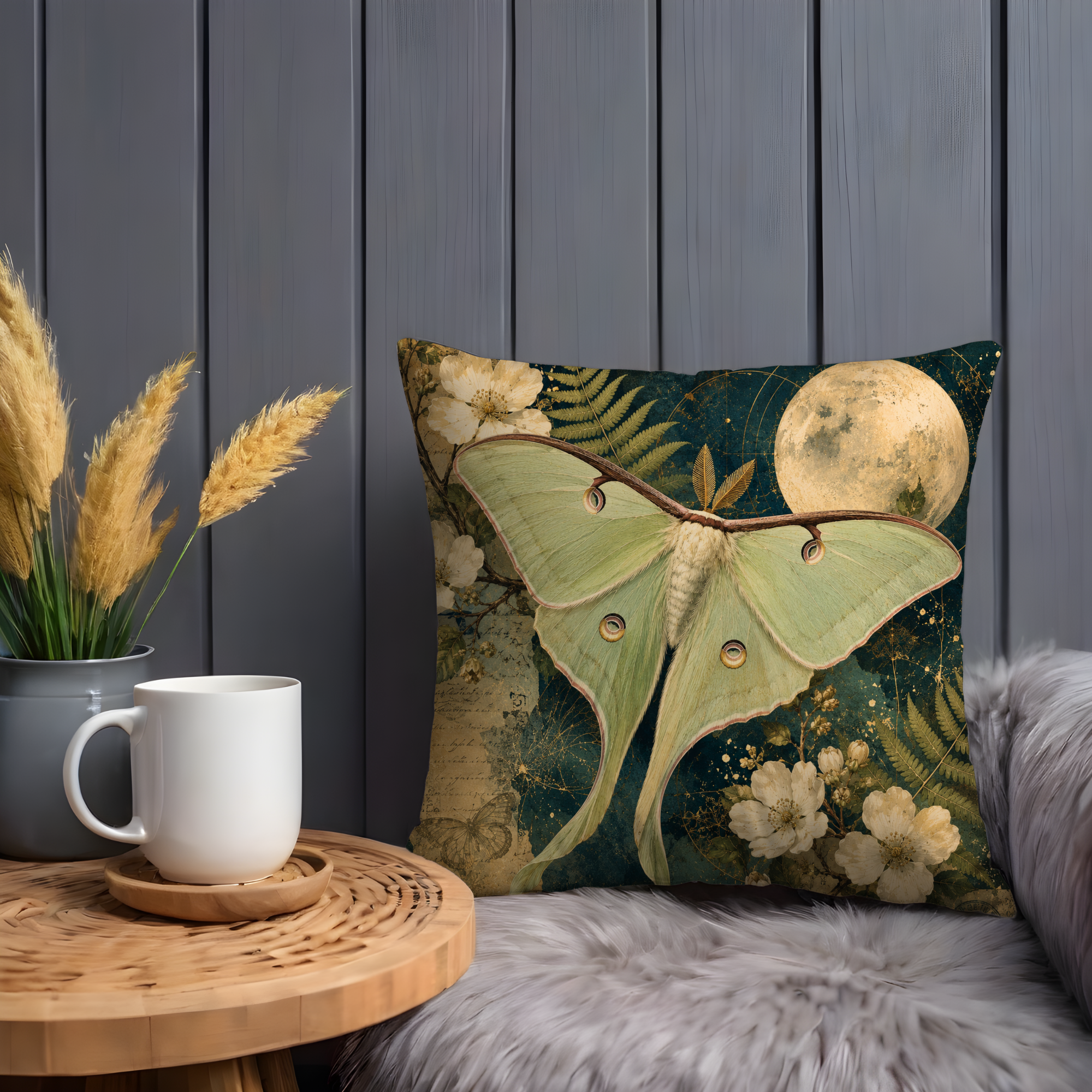 Luna Moth Moon Pillow Cover | Mystic Nature Art | Gold Crackle Decor