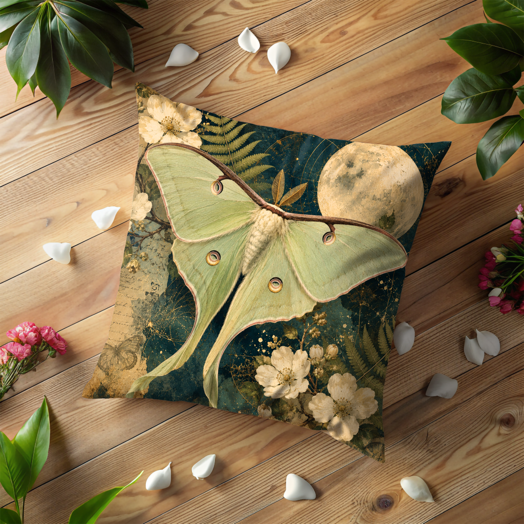Luna Moth Moon Pillow Cover | Mystic Nature Art | Gold Crackle Decor