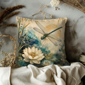Dragonfly Lotus Pillow Cover | Watercolor Nature Art | Gold Crackle Decor