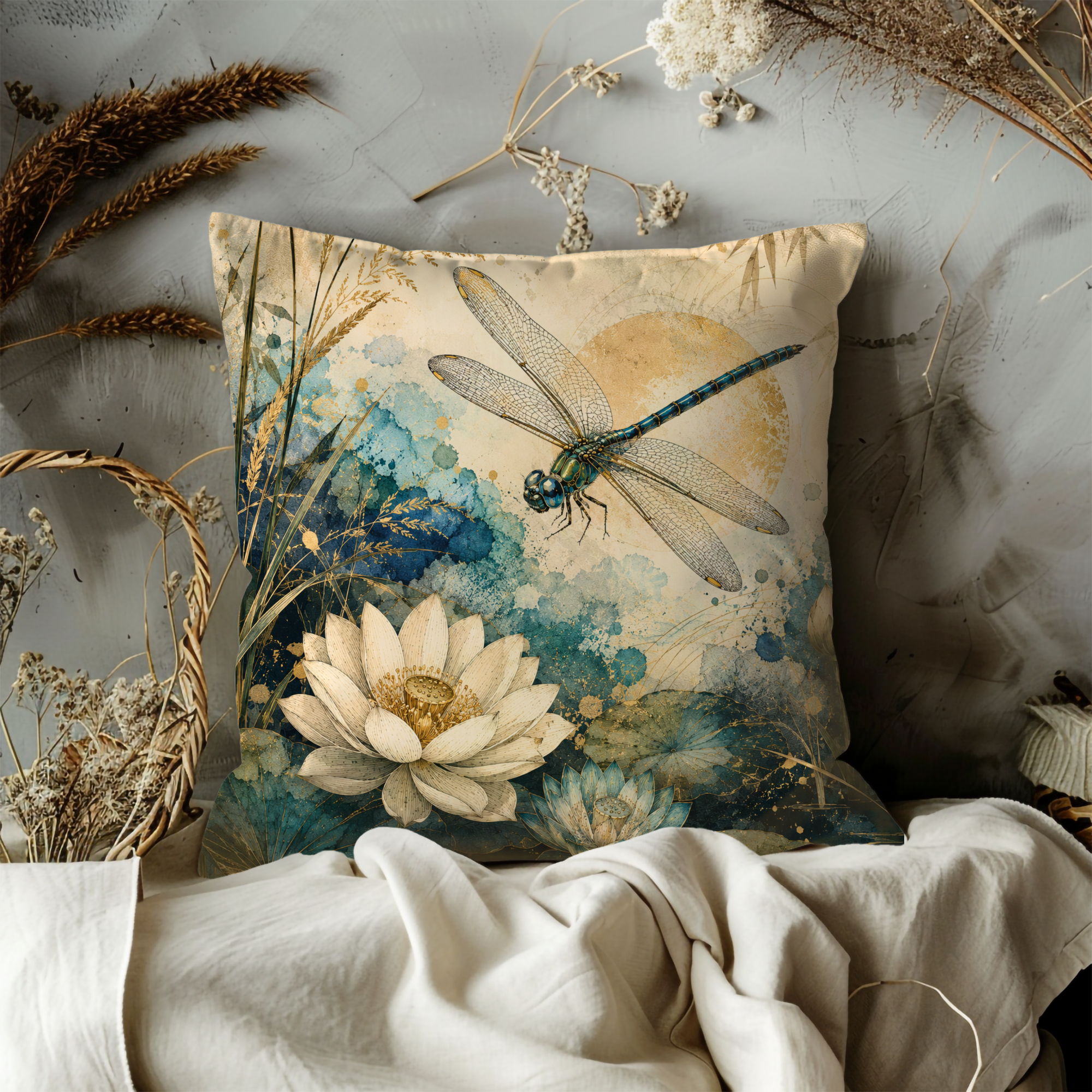 Dragonfly Lotus Pillow Cover | Watercolor Nature Art | Gold Crackle Decor