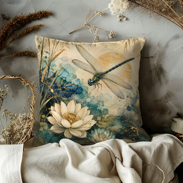 Dragonfly Lotus Pillow Cover – Watercolor Nature Art | Gold Crackle Decor