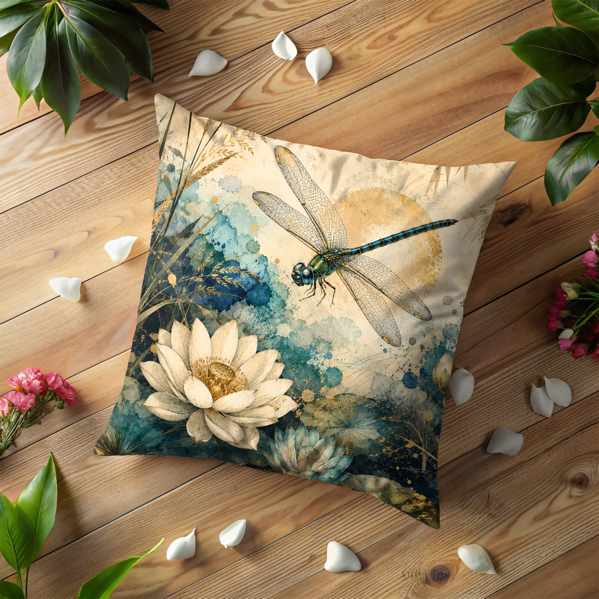 Dragonfly Lotus Pillow Cover | Watercolor Nature Art | Gold Crackle Decor