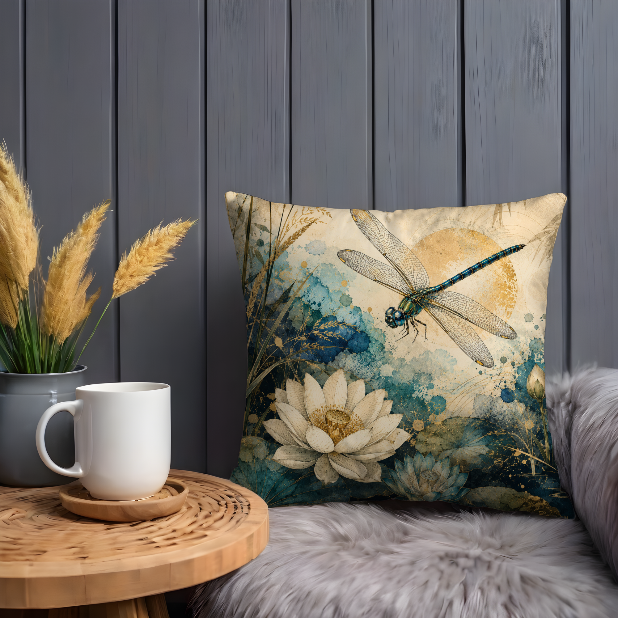 Dragonfly Lotus Pillow Cover | Watercolor Nature Art | Gold Crackle Decor
