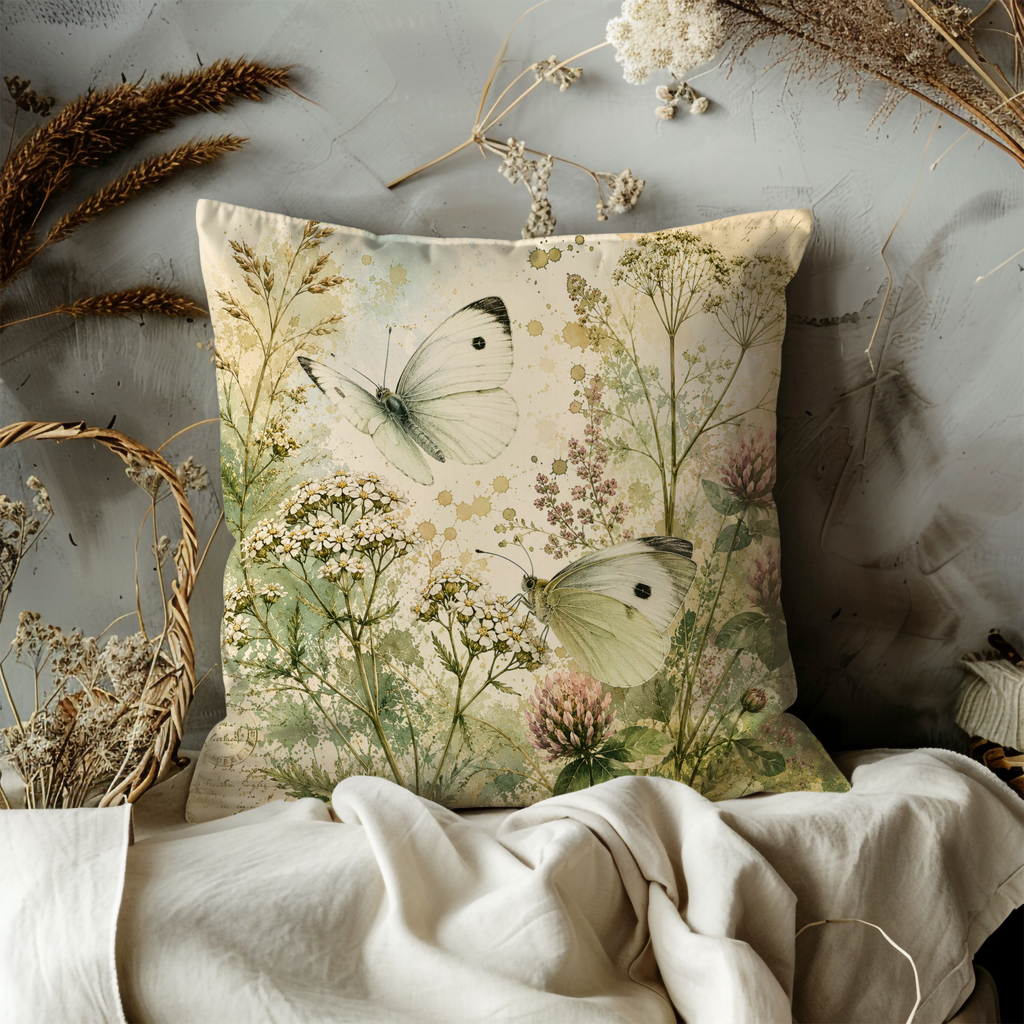 White Butterfly Meadow Pillow Cover | Wildflower Nature Art | Gold Crackle Decor