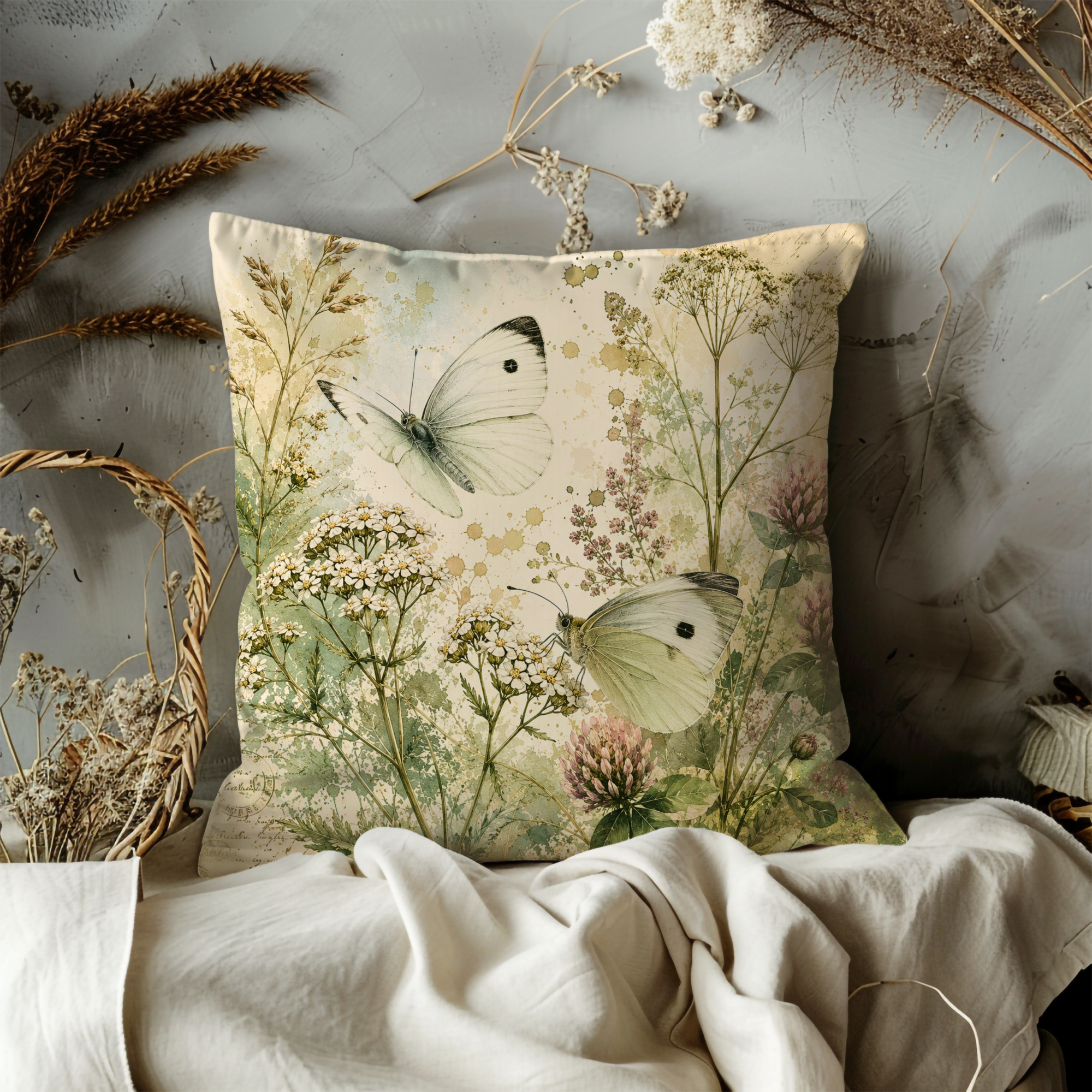 White Butterfly Meadow Pillow Cover | Wildflower Nature Art | Gold Crackle Decor