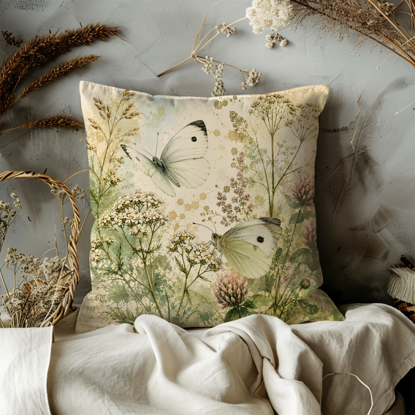 White Butterfly Meadow Pillow Cover – Wildflower Nature Art | Gold Crackle Decor