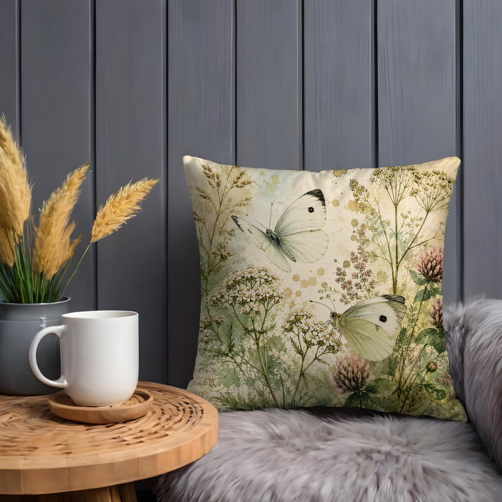 White Butterfly Meadow Pillow Cover | Wildflower Nature Art | Gold Crackle Decor