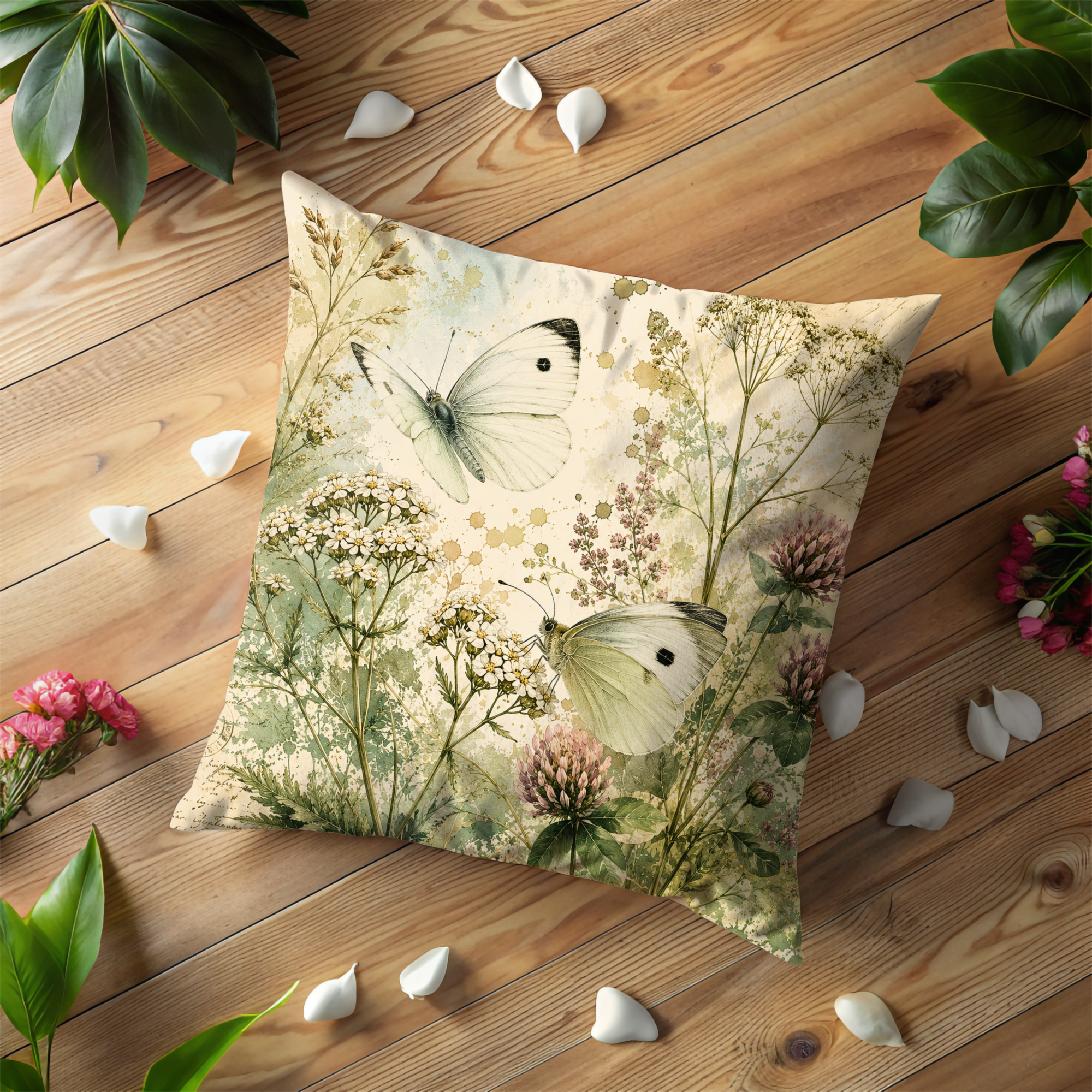White Butterfly Meadow Pillow Cover | Wildflower Nature Art | Gold Crackle Decor