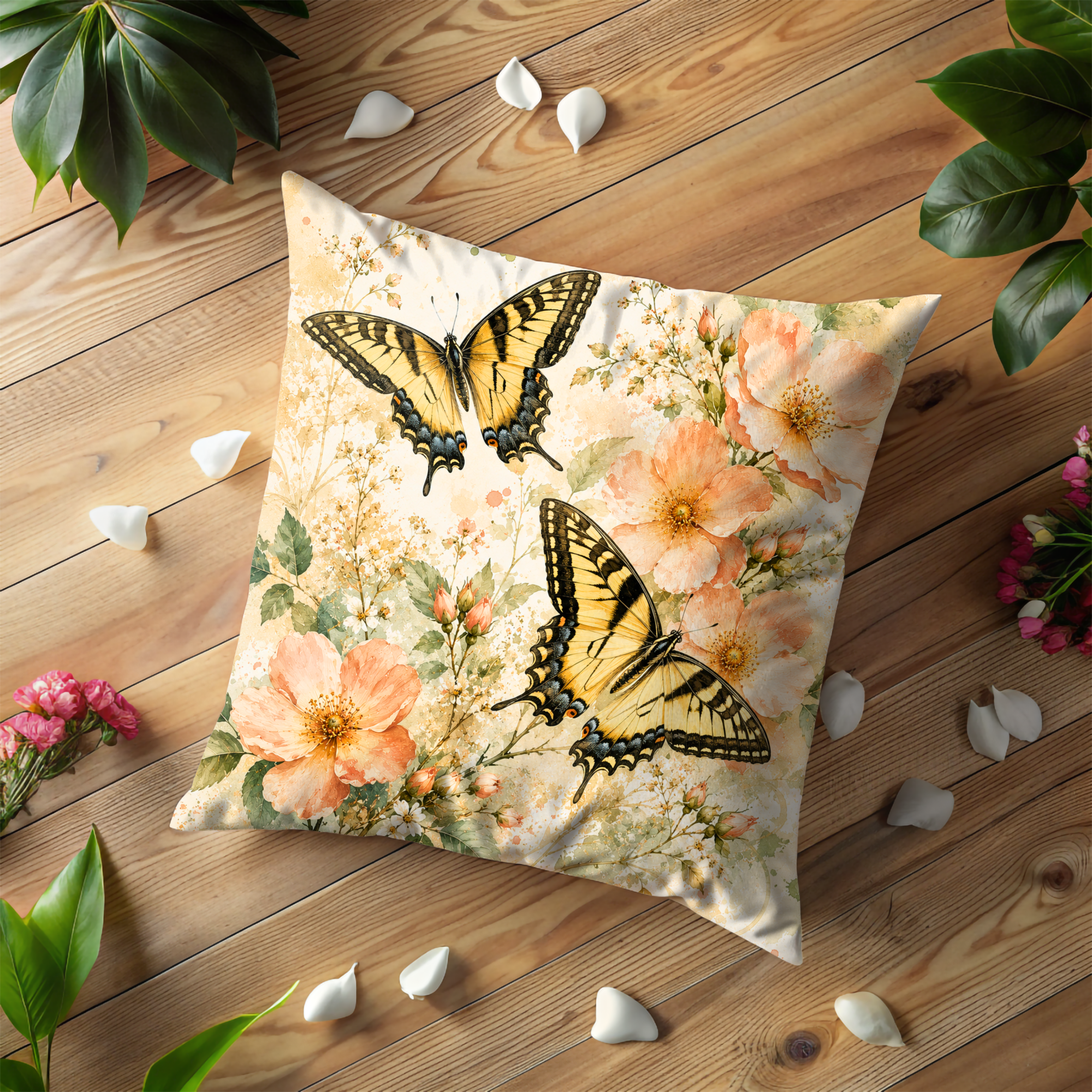Swallowtail Butterfly Pillow Cover | Wildflower Nature Art | Gold Crackle Decor