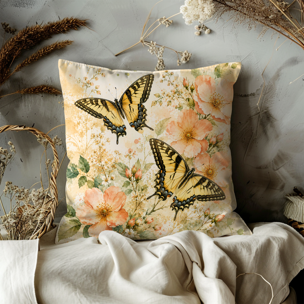 Swallowtail Butterfly Pillow Cover – Wildflower Nature Art | Gold Crackle Decor