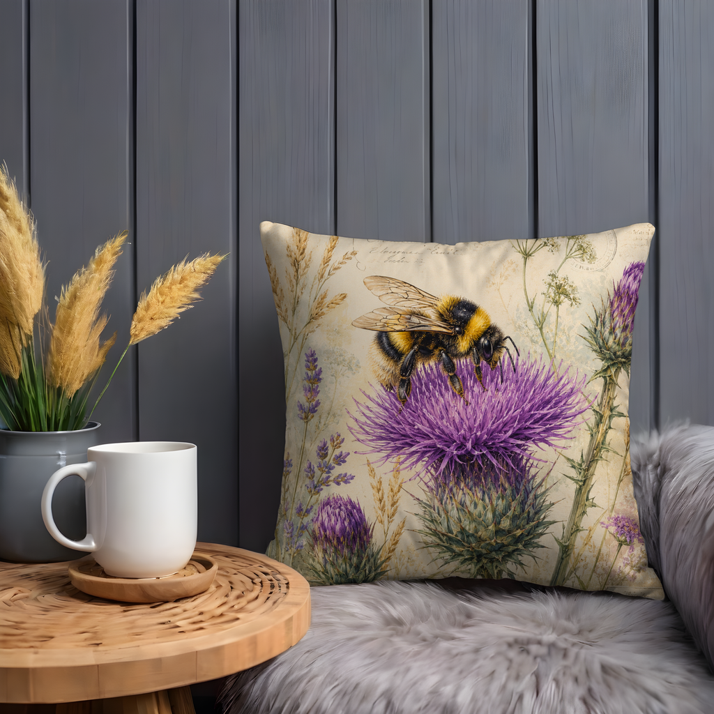 Bumblebee Thistle Pillow Cover | Botanical Nature Art | Gold Crackle Decor