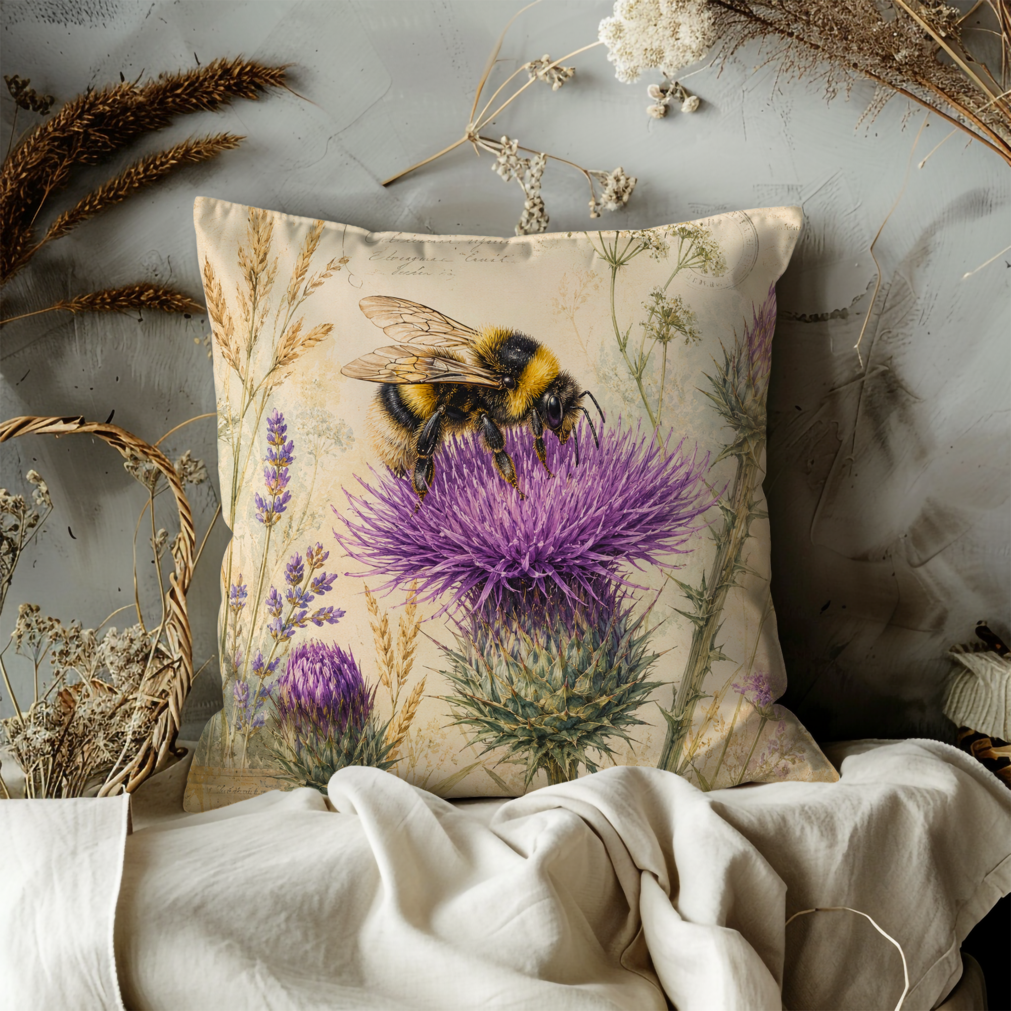 Bumblebee Thistle Pillow Cover | Botanical Nature Art | Gold Crackle Decor