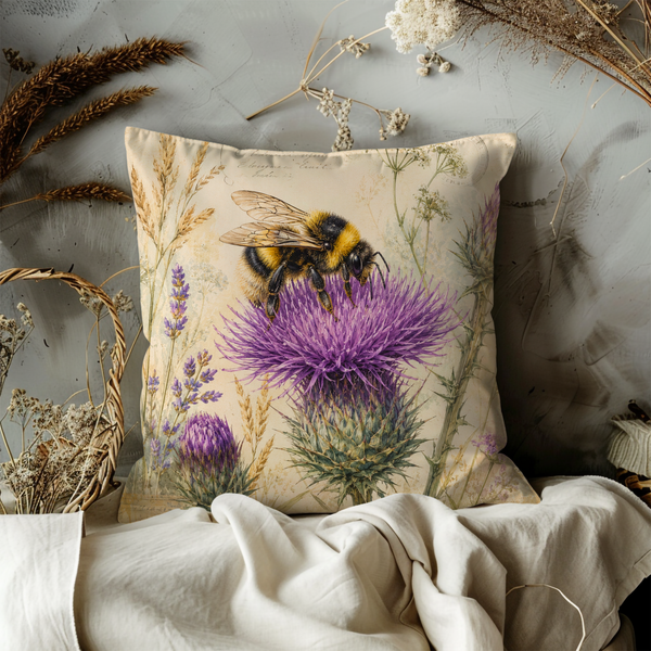 Bumblebee Thistle Pillow Cover – Botanical Nature Art | Gold Crackle Decor