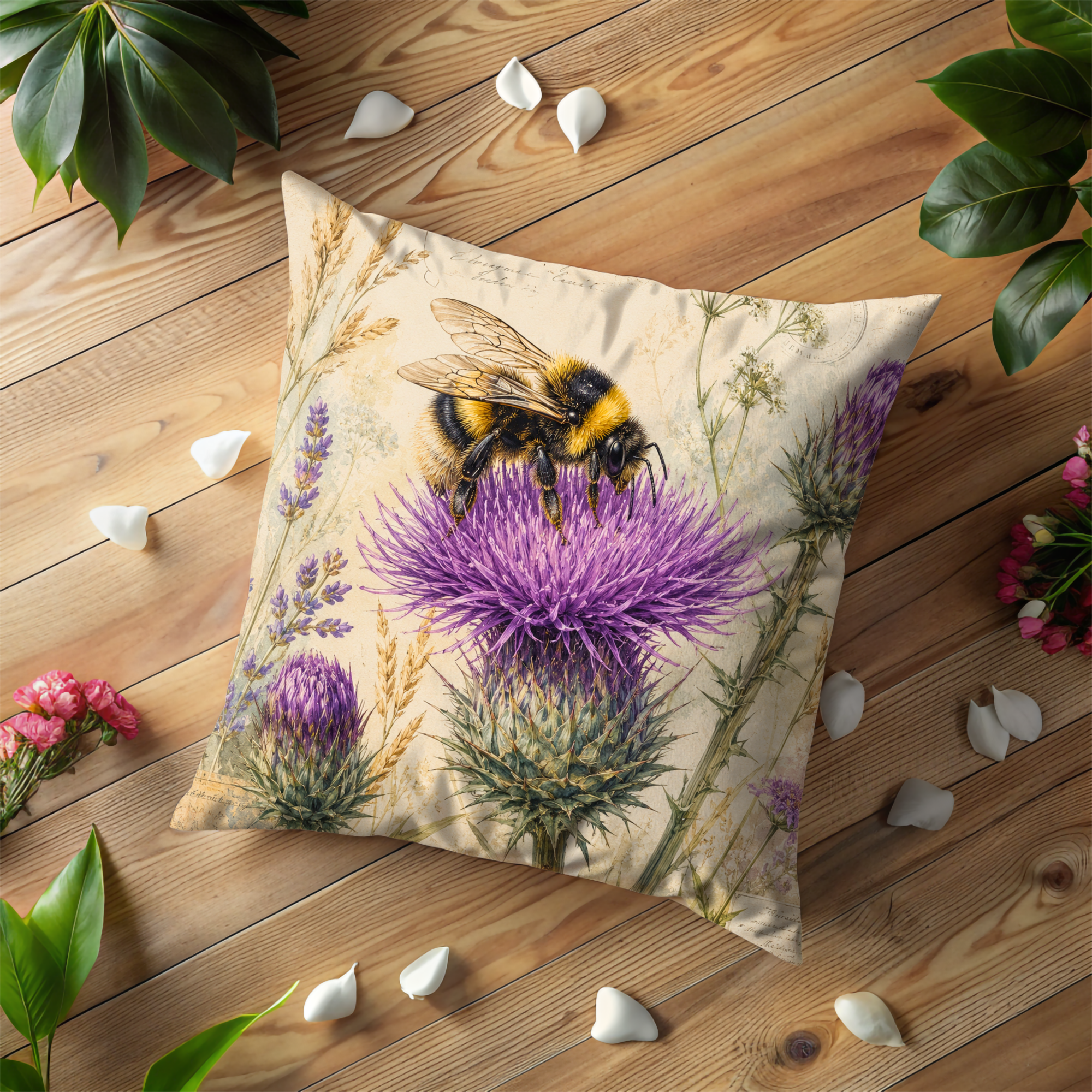 Bumblebee Thistle Pillow Cover | Botanical Nature Art | Gold Crackle Decor