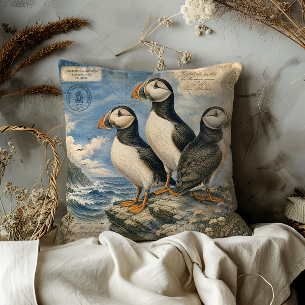Puffin Cliff Pillow Cover – Vintage Wildlife Art | Gold Crackle Decor