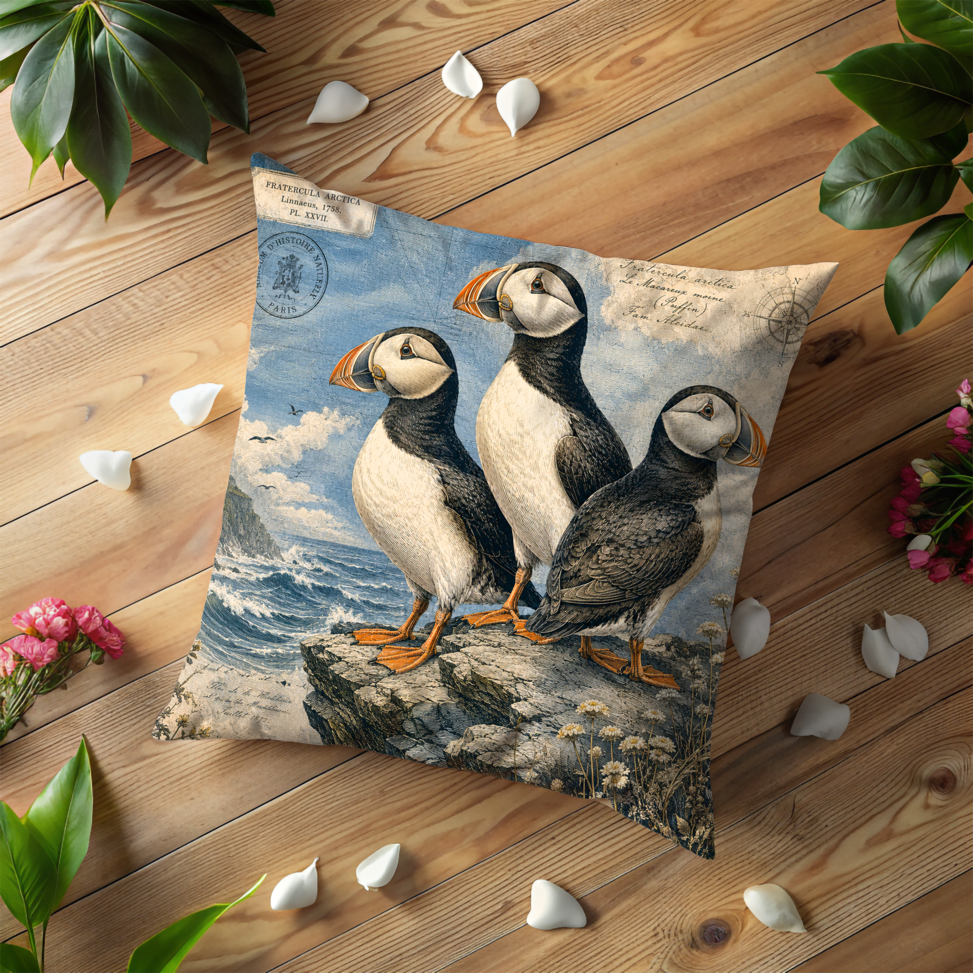 Puffin Cliff Pillow Cover | Vintage Wildlife Art | Gold Crackle Decor
