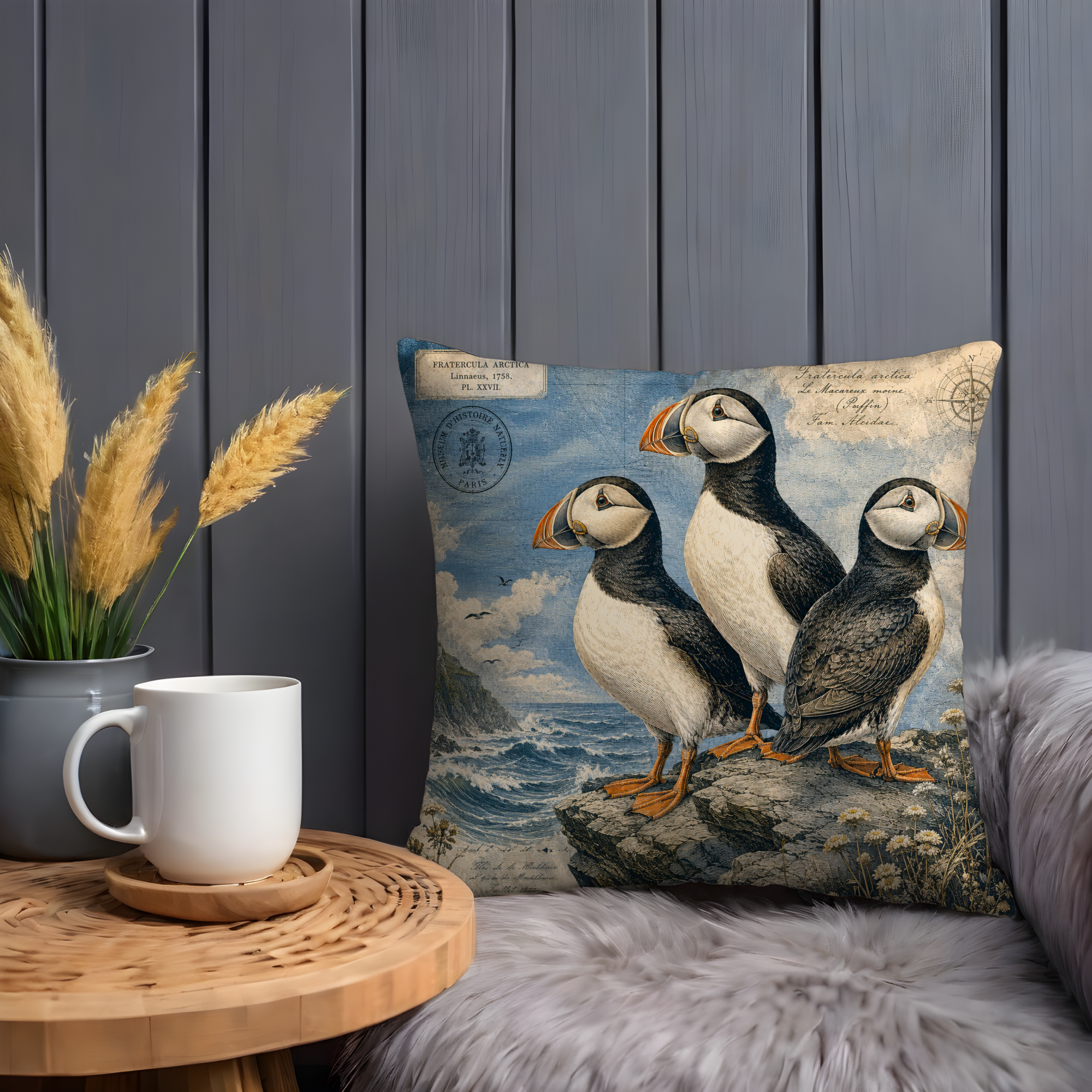 Puffin Cliff Pillow Cover | Vintage Wildlife Art | Gold Crackle Decor