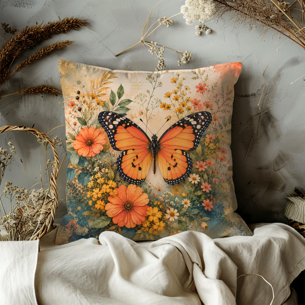 Monarch Butterfly Meadow Pillow Cover – Wildflower Nature Art | Gold Crackle Decor
