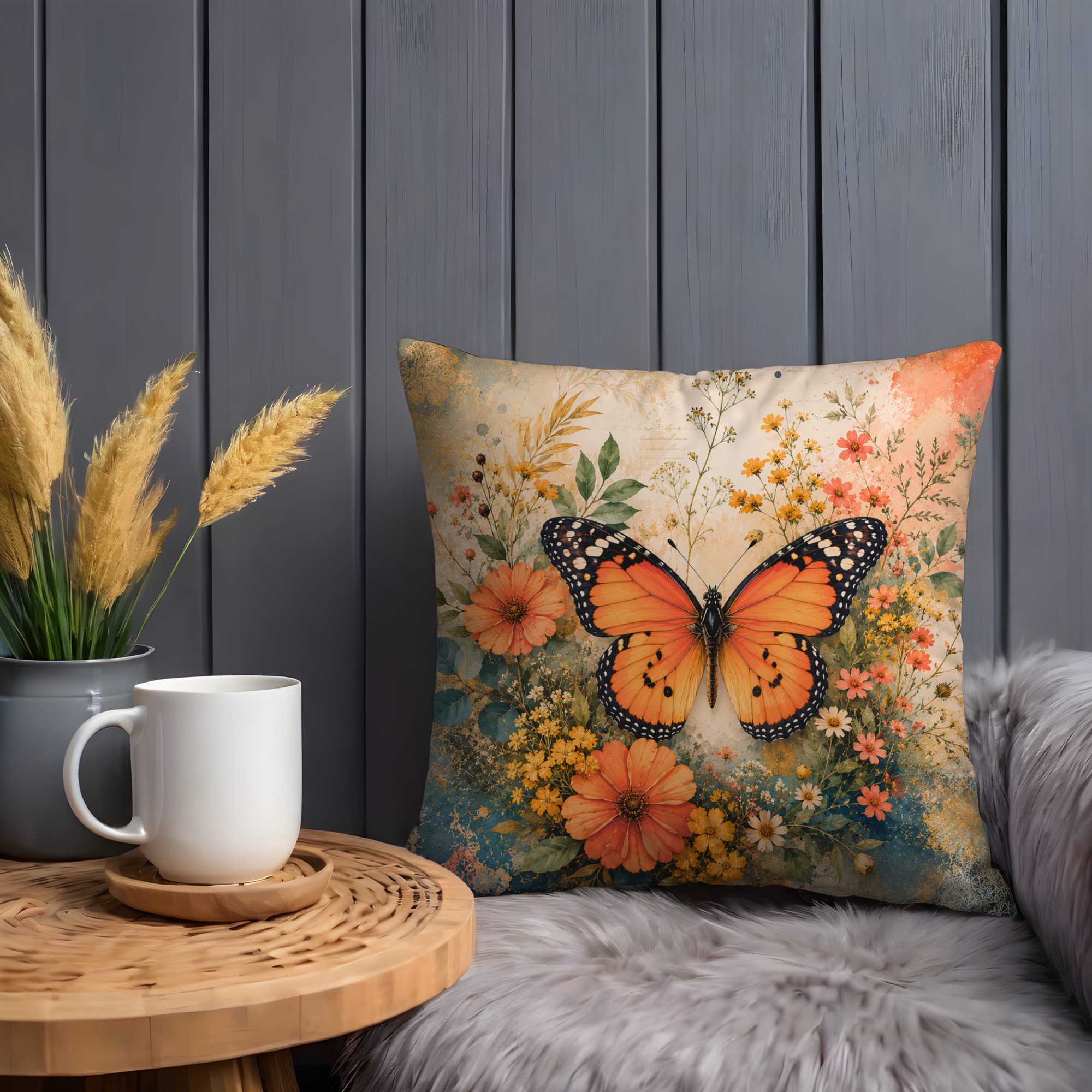 Monarch Butterfly Meadow Pillow Cover | Wildflower Nature Art | Gold Crackle Decor