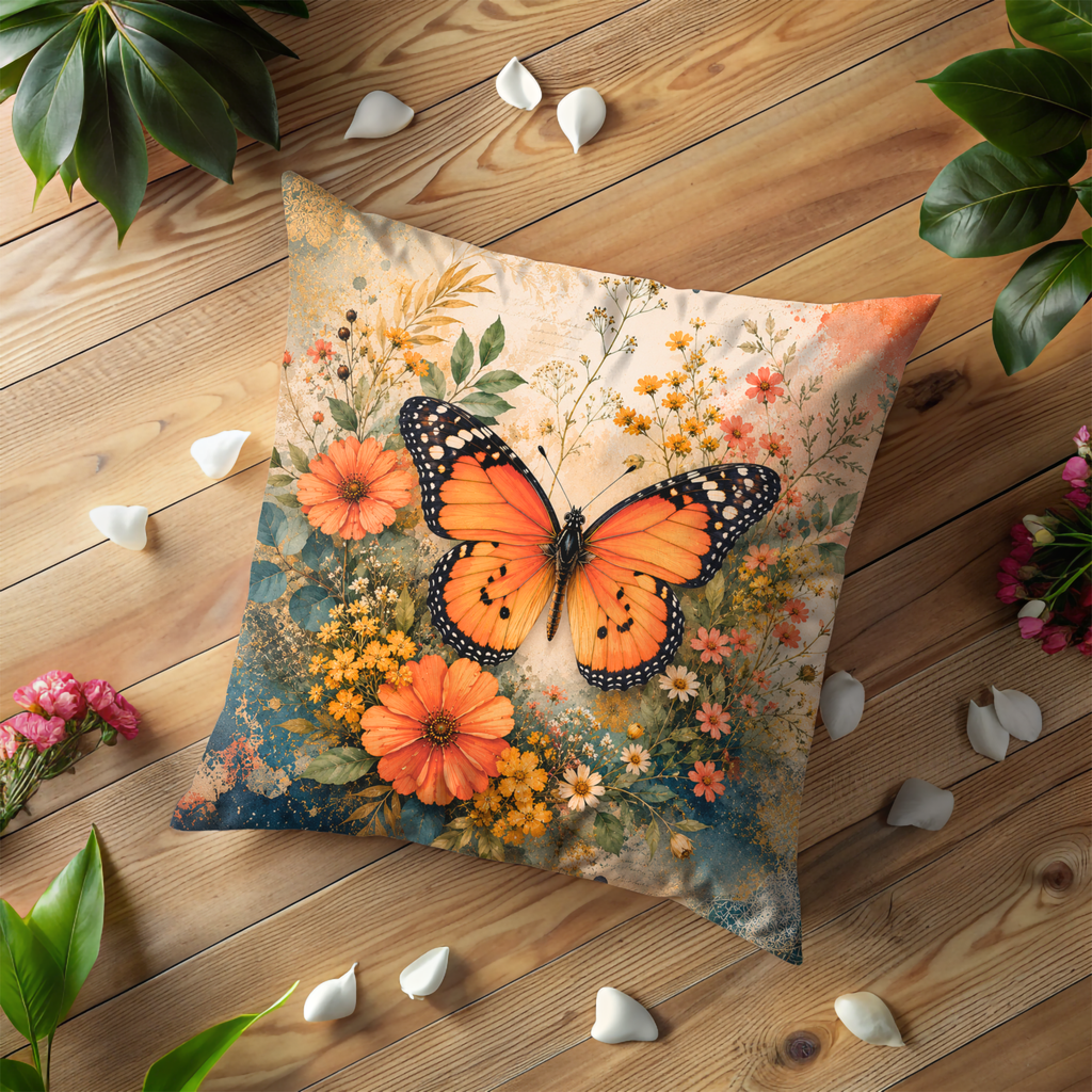 Monarch Butterfly Meadow Pillow Cover | Wildflower Nature Art | Gold Crackle Decor