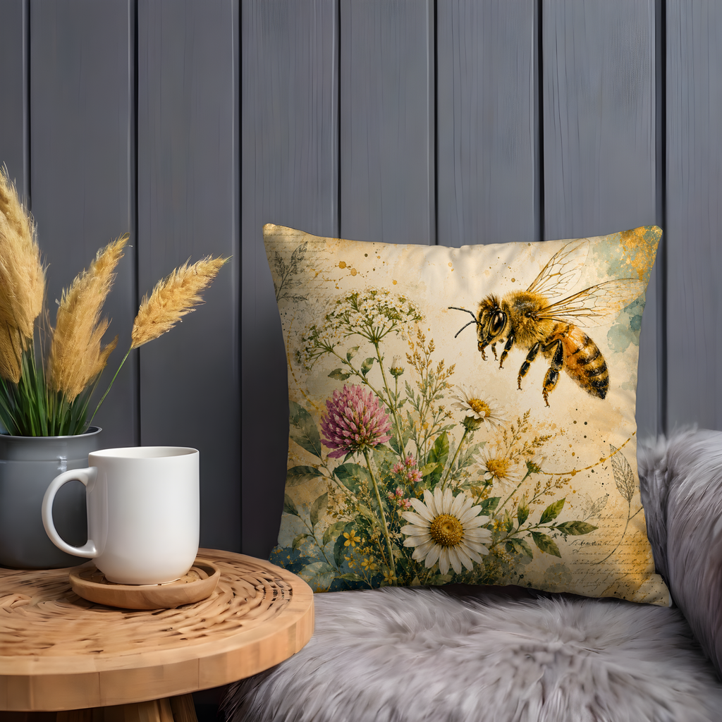Bumblebee Thistle Pillow Cover | Botanical Nature Art | Gold Crackle Decor