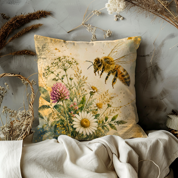 Bumblebee Thistle Pillow Cover – Botanical Nature Art | Gold Crackle Decor