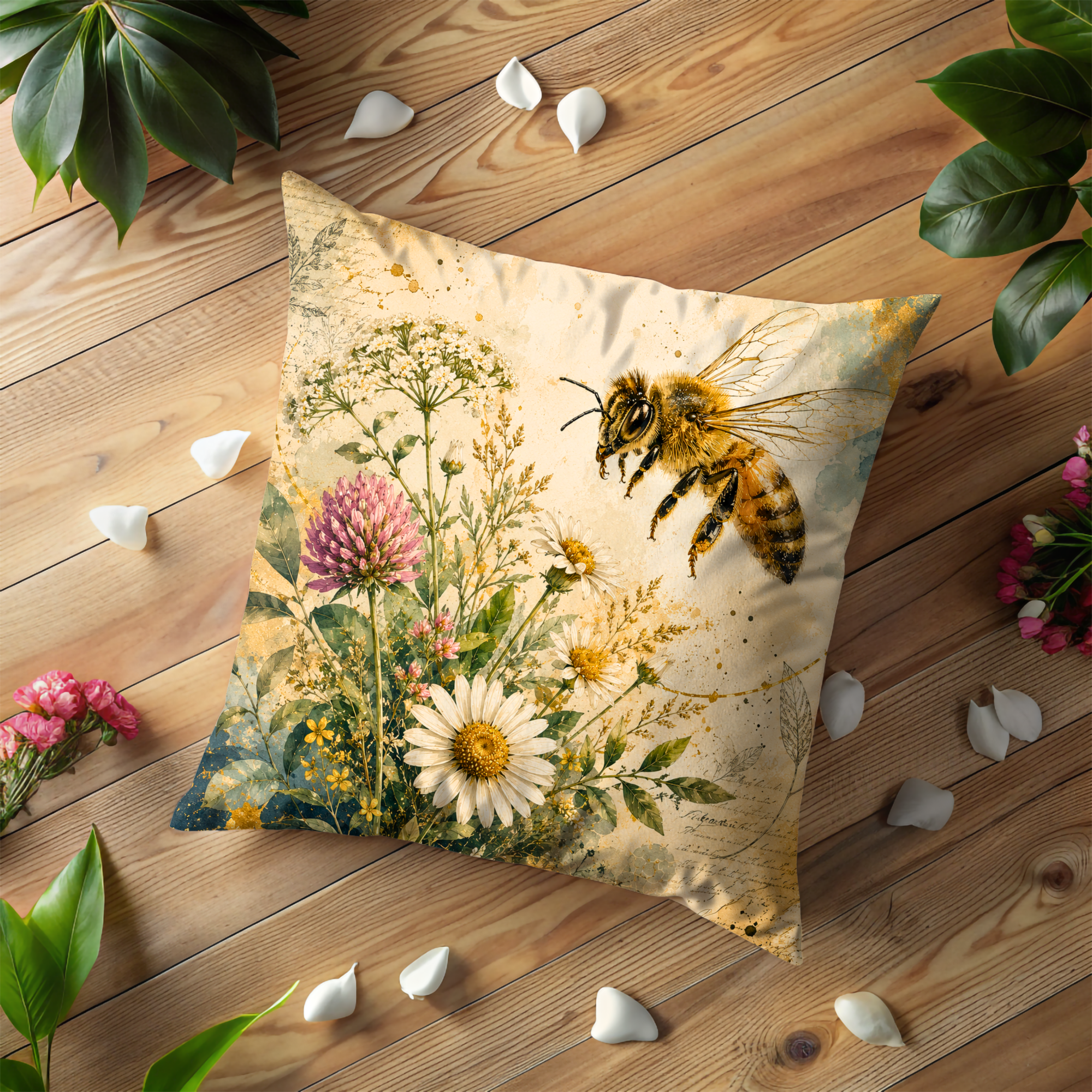Bumblebee Thistle Pillow Cover | Botanical Nature Art | Gold Crackle Decor